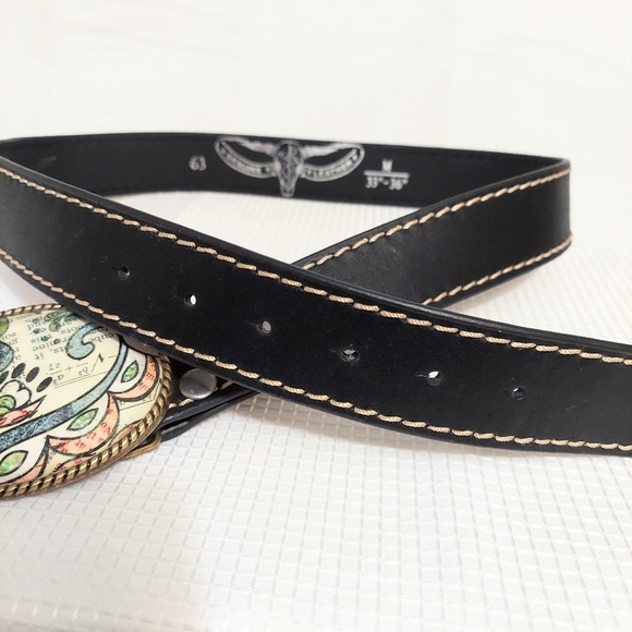 Medallion Western Black Leather Belt Adjustable Peg - Picture 5 of 7